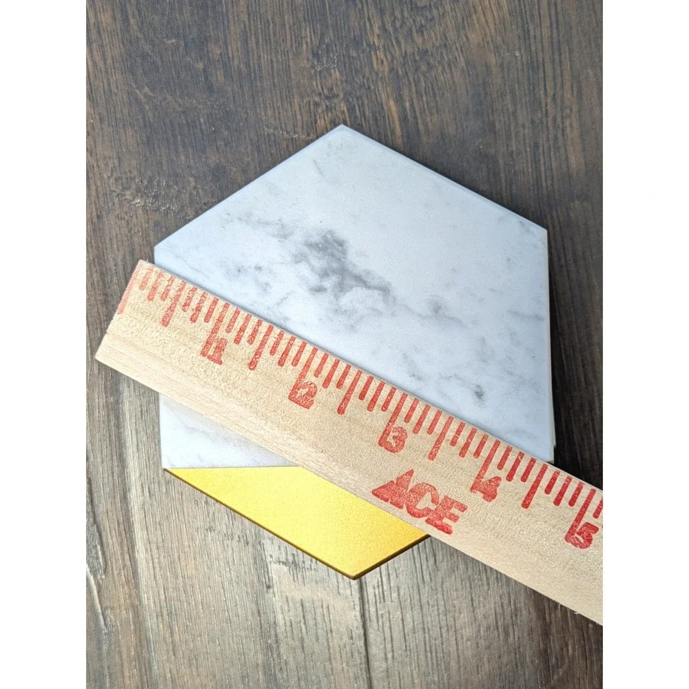 White Marble and Gold Hexagon Coasters Set of 4 Modern Geometric Stone Drinkware